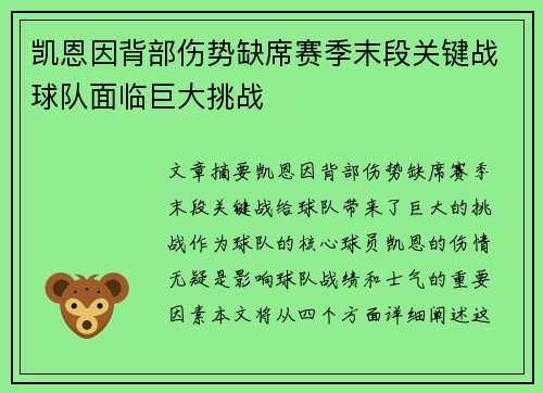 凯恩因背部伤势缺席赛季末段关键战球队面临巨大挑战