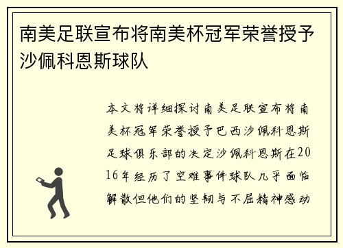 南美足联宣布将南美杯冠军荣誉授予沙佩科恩斯球队