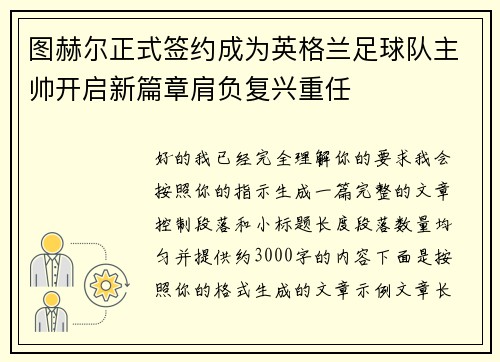 图赫尔正式签约成为英格兰足球队主帅开启新篇章肩负复兴重任